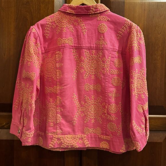 G by Giuliana Women's Black Label Puff-Sleeve Eyelet Jean Jacket Magenta Size 1X - Picture 5 of 16